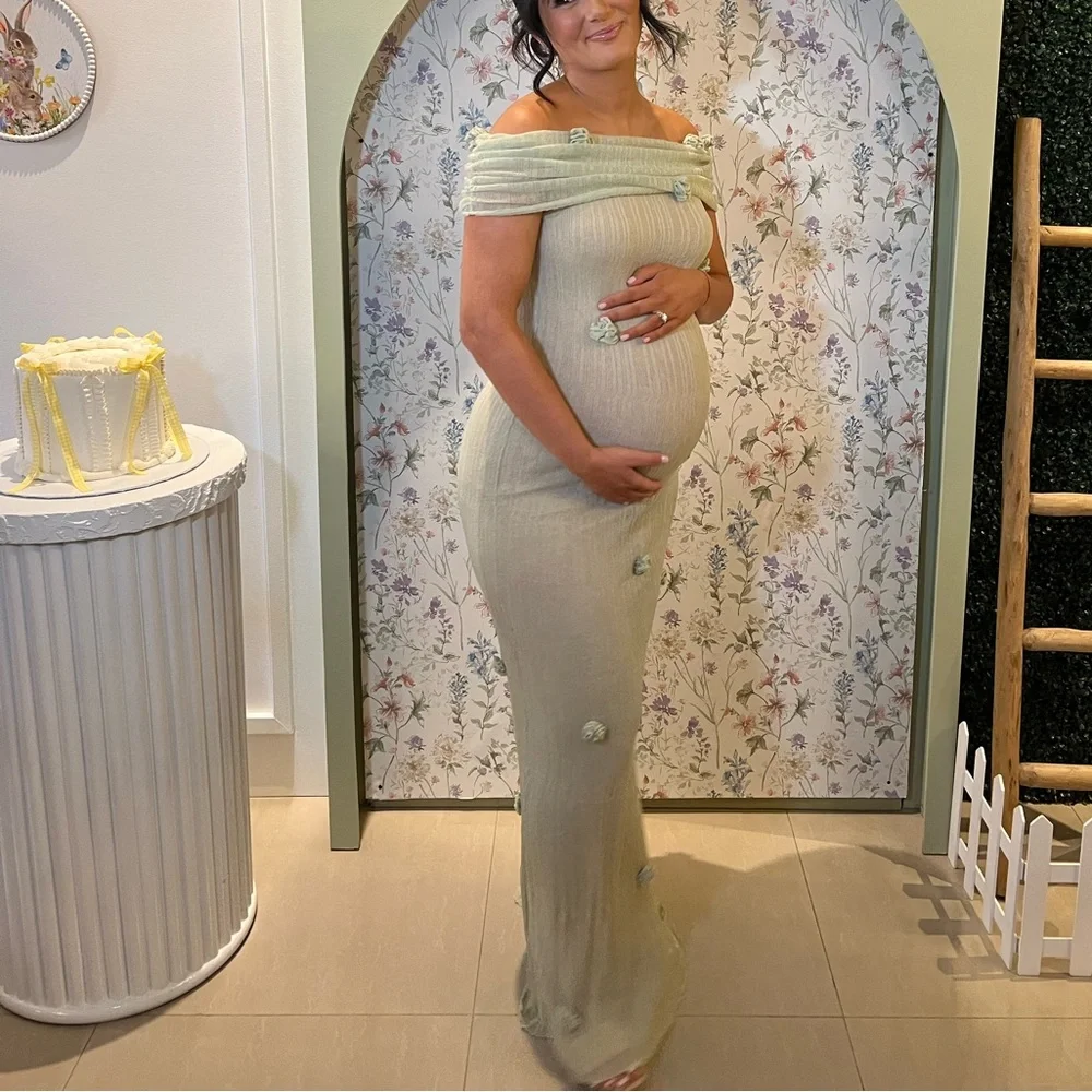 Elegant Cream Off-Shoulder Maternity Dress - Picture 3 of 4